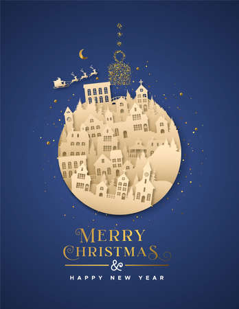 Merry Christmas Happy New Year greeting card illustration of winter city 3D papercut in ball ornament shape. Luxury carved paper craft with gold glitter, festive village houses and santa claus sled.のイラスト素材
