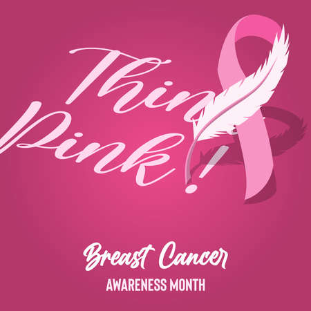 Breast Cancer Awareness Month greeting card illustration. Think pink motivation quote with silk ribbon, disease prevention campaign. Women design for health event in october.のイラスト素材