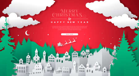 Merry Christmas Happy New Year web template illustration of winter city landscape and pine tree forest. Festive 3D papercut xmas village with santa claus flying in sled for online celebration design.のイラスト素材