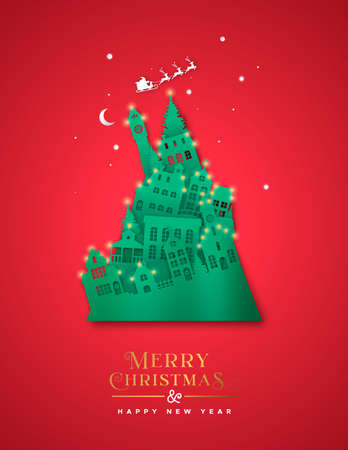 Merry Christmas Happy New Year greeting card illustration of winter city 3D papercut in xmas pine tree shape. Realistic carved paper craft cutout with festive village houses and santa claus sled.のイラスト素材