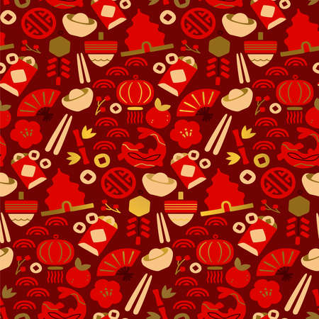 Chinese culture icon seamless pattern. Luxury gold symbol background includes fan, paper lantern, coins and plum flower. Asian style design for special event or celebration.のイラスト素材