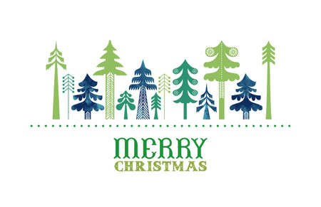Merry Christmas greeting card illustration of traditional green folk art pine trees in watercolor texture. Geometric vintage nordic design for holiday celebration.のイラスト素材