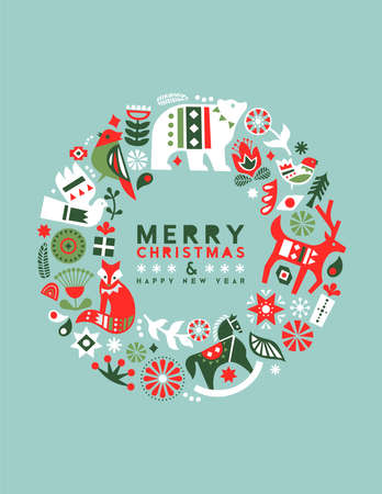 Merry Christmas Happy New Year greeting card illustration of colorful scandinavian art animal icons. Holiday decoration in retro nordic style includes winter reindeer, bear, bird and fox.のイラスト素材
