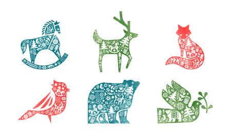 Christmas watercolor folk art animal collection on isolated white background. Traditional vintage scandinavian winter animals include reindeer, fox, bird and polar bear.のイラスト素材
