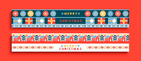 Merry Christmas thin web banner illustration set of modern flat geometric icons in minimalist folk art style. Colorful xmas season decoration includes winter village house, pine tree, and gift box.のイラスト素材