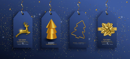 Merry Christmas Happy New Year gold 3D greeting card illustration set. Realistic luxury golden reindeer, pine tree and gift ribbon with festive holiday wishes, elegant tag template collection.のイラスト素材