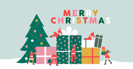 Merry Christmas greeting card illustration of diverse people in santa claus costume with big xmas pine tree and gift box. Holiday season scene, santa's helpers elf group working together.のイラスト素材