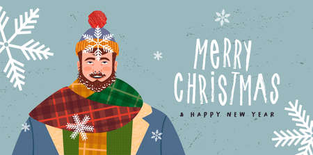 Merry Christmas Happy New Year greeting card illustration of man smiling looking at winter snowflakes. Hand drawn cartoon design with big scarf and holiday text quote.のイラスト素材