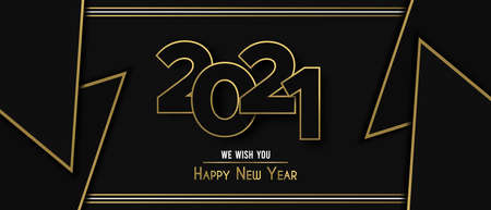 Happy New Year 2021 gold luxury greeting card banner illustration. Calendar date number sign with black triangle geometric shapes.のイラスト素材