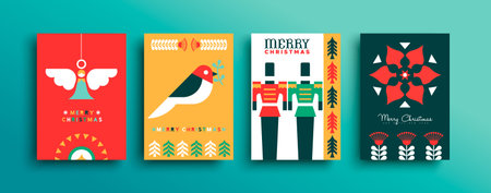 Merry Christmas greeting card set. Modern minimalist folk art holiday design collection with...