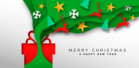Merry Christmas Happy New Year papercut gift box web banner illustration. 3D paper cut holiday decoration flying from red present. Festive xmas craft icons include reindeer, snowflake and pine tree.のイラスト素材