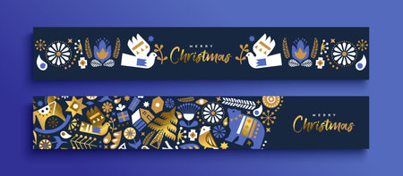 Merry Christmas web banner set. Luxury gold scandinavian folk art illustration collection. Holiday decoration in modern nordic style includes bird, bear, pine tree.のイラスト素材