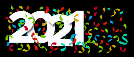 Happy New Year 2021 web banner illustration with calendar number date sign and colorful carnival party confetti explosion for holiday event.のイラスト素材