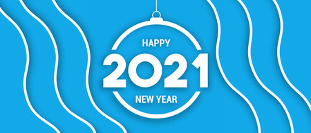 Happy New Year 2021 web banner illustration. Colorful wave background and bauble ornament label with...