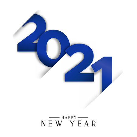 Happy New Year 2021 greeting card illustration. Blue calendar number sign and festive text quote with paper cut effect.のイラスト素材