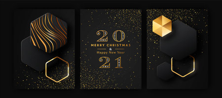 Merry Christmas Happy New Year 2021 modern luxury greeting card set. Futuristic 3D geometric shape illustration collection with gold glitter and golden abstract shapes for VIP party event.のイラスト素材
