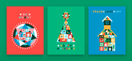 Merry Christmas greeting card illustration set of xmas decoration with winter season icons in trendy...