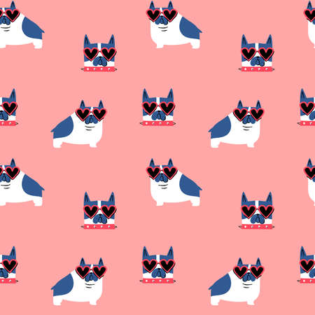 Cute pug dog cartoon seamless pattern. Puppy wearing heart shape sunglasses, hand drawn doodle background for valentines day holiday print or love concept. Adorable pet friend backdrop design.のイラスト素材