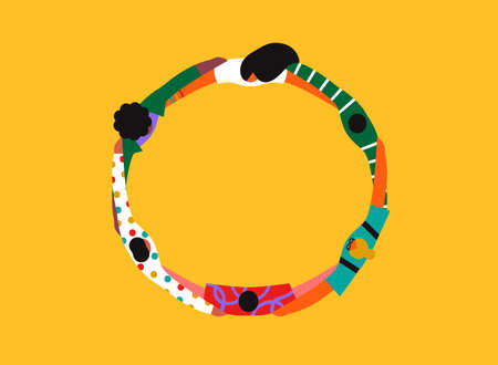 Colorful friend group hug circle, modern flat cartoon illustration in abstract geometric style. Diverse people hugging together for teamwork concept or social community lifestyle.のイラスト素材