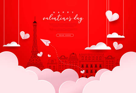 Happy Valentine's Day greeting card template. Cute paris city doodle background with realistic 3d papercut sky clouds, hearts and paper plane. Romantic february 14 event design.のイラスト素材