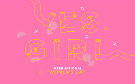 International Women's Day greeting card illustration of woman hands together making yes girl quote sign. Gender equality concept. Modern flat cartoon outline arms.のイラスト素材