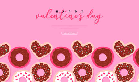 Happy Valentine's Day greeting card template, cute heart shape donut and pink chocolate cookie food with copy space. February 14 holiday event background.のイラスト素材