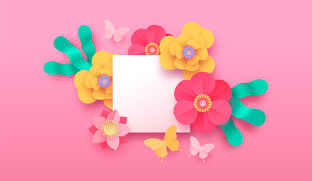 Papercut flower template illustration in realistic 3d paper craft style. Colorful flowers, garden butterfly and leaves with empty white frames. Romantic holiday concept, spring season design.のイラスト素材