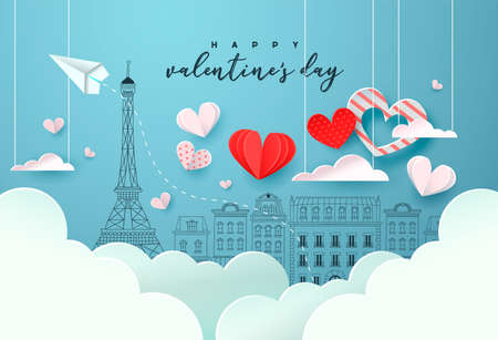 Happy Valentine's Day greeting card illustration. Cute paris city doodle background with realistic 3d papercut sky clouds, hearts and paper plane. Romantic february 14 event design.のイラスト素材