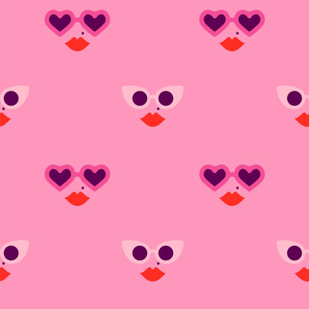 Heart shape sunglasses woman face cartoon seamless pattern. Valentine's day fashion, romantic summer...