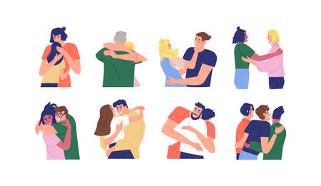 Big set of diverse happy people hugging together, different relationships hug collection on isolated background. Modern flat cartoon characters include mom, dad, couple, friends.のイラスト素材