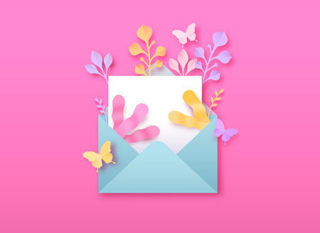 Open letter envelope template with 3d papercut nature decoration. Empty white paper postcard message, butterfly and plant leaf.のイラスト素材