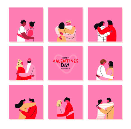 Happy Valentine's Day greeting card set with hand drawn cartoon couples. Diverse pink boyfriend and girlfriend couple hugging together. February 14 holiday event collection.のイラスト素材