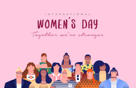 International Women's Day greeting card illustration of diverse young women characters for special woman rights event holiday or feminist campaign design.のイラスト素材
