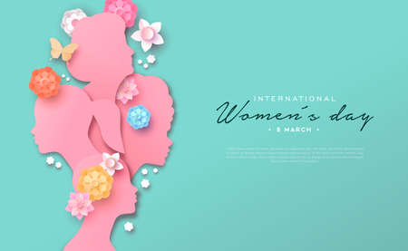 International Women's Day web template illustration. Diverse women faces in modern papercut style with paper flowers and pink butterfly. Woman rights issues holiday event design.のイラスト素材