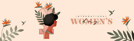 International Women's Day greeting card illustration. Beautiful black woman character with modern minimalist nature decoration and tropical flower for march 8 female rights campaign.のイラスト素材