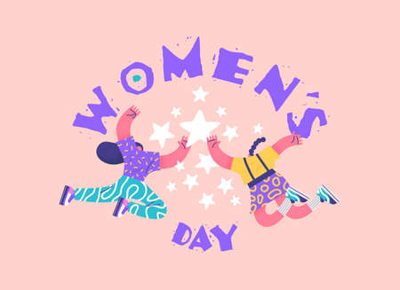 International Women's day illustration of women friends doing high five gesture together. Happy young girl characters in modern flat cartoon style for special rights event holiday.のイラスト素材