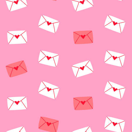 Pink valentine's day love letter cartoon seamless pattern. Cute romantic message doodle background for holiday print or love concept.のイラスト素材