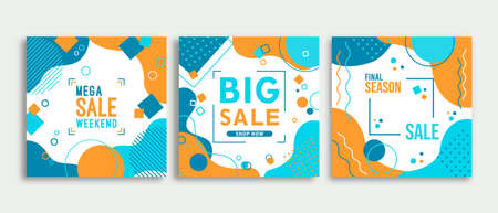 Modern sale template poster set. Colorful geometric shape design collection for web business promotion, special discount event label bundle with creative geometry decoration.のイラスト素材