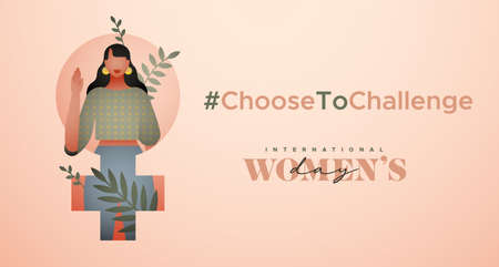 International Women's Day greeting card illustration. Choose to challenge campaign design for female rights event. Beautiful young woman with tropical leaf nature decoration.のイラスト素材
