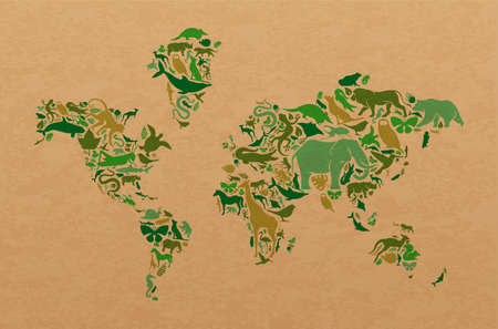 Green animal icon shapes set illustration on recycled paper texture. Diverse wild animals silhouette making world map shape for eco friendly earth concept or planet life diversity campaign.のイラスト素材