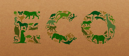 Green animal icon shapes set illustration on recycled paper texture. Diverse wild animals silhouette...