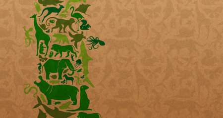 Green animal shape icon set illustration on recycled paper texture. Diverse wild animals silhouette...