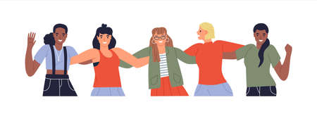 Diverse happy young woman friend group. All female team characters waving hello in modern flat cartoon style isolated. Technology business staff campaign or women equality presentation.のイラスト素材