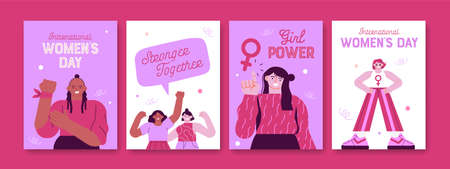 International Women's Day greeting card illustration set of diverse young woman group. Trendy flat cartoon characters, pink banner collection for women equality holiday.のイラスト素材