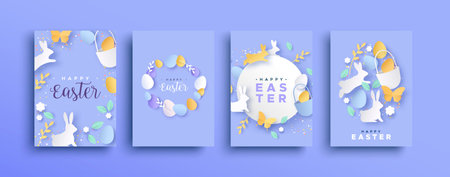 Happy easter papercut greeting card set of 3d paper craft spring icons. Colorful cutout banner collection includes rabbit, flowers, eggs and butterfly.のイラスト素材