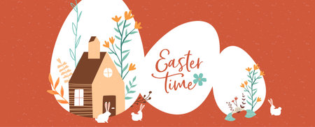 Happy Easter greeting card of cute rabbit and egg with farm house in vintage folk hand drawn style....