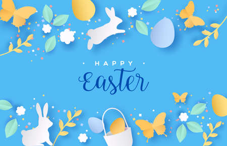 Happy easter papercut greeting card of 3d paper craft spring icons. Colorful cutout decoration includes rabbit, flowers, eggs and butterfly.のイラスト素材