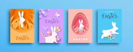 Happy easter paper cut greeting card set of colorful cutout egg shape with papercut bunny, butterfly and nature decoration background. 3D spring season holiday banner collection.のイラスト素材