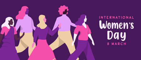 International Women's day banner illustration of diverse women crowd walking in parade together. Happy young girl characters, modern flat cartoon style for special rights event holiday.のイラスト素材