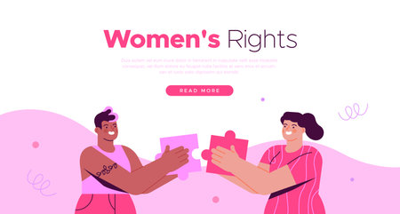 Women's Rights web template illustration of diverse woman friends building female community together in trendy flat cartoon style. Women equality holiday celebration concept making puzzle.のイラスト素材